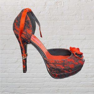 NEW BORDELLO -- Platform Stilettos, Red Satin w/Black Lace Overlay, Peep Toe